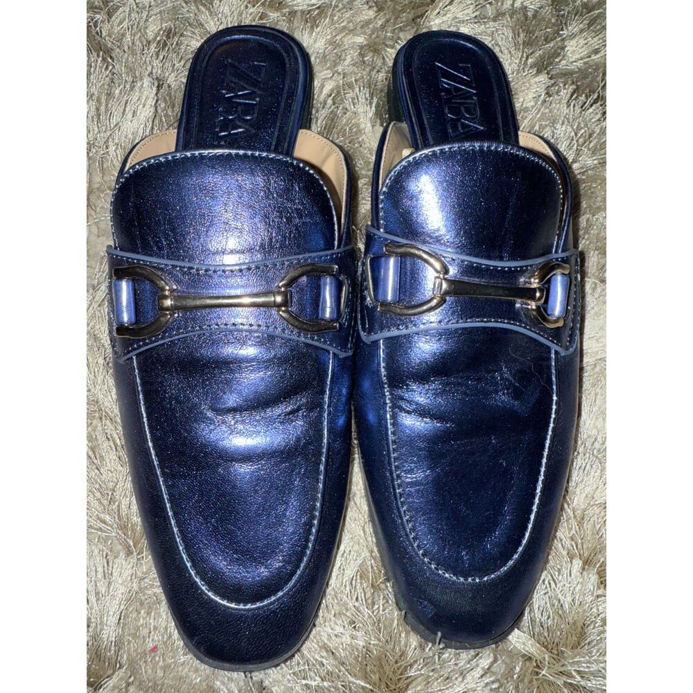 Zara Electric Blue Slip On Mule Loafer Flats Shoes